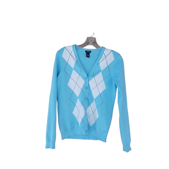 Izod Sweaters - 3/$15 Izod Light Blue & Brown Argyle V Neck Cotton Cardigan Size Small
